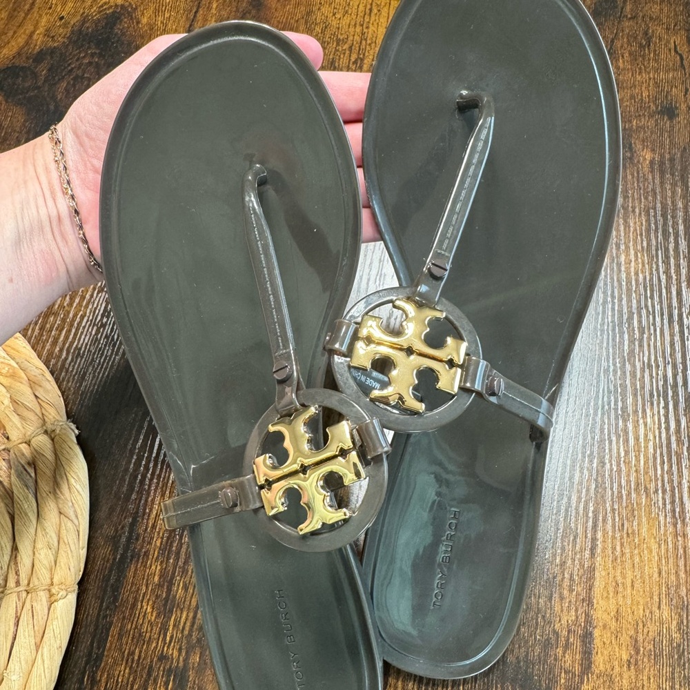 Tory Burch Brown Jelly Miller Flip Flops with Gold Logo